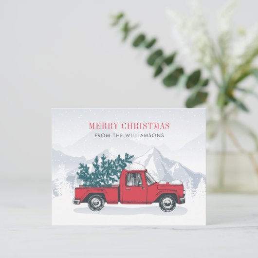 赤エレガントトラックモダンのクリスマス シーズンポストカード (スタンド正面)