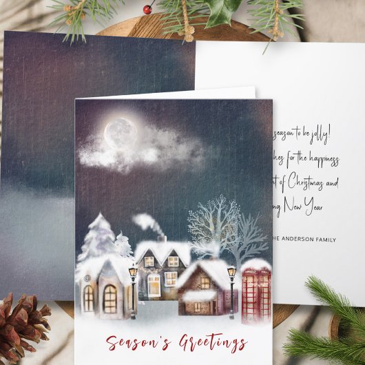 赤エレガントネイビーノルディックメリークリスマスビレッジ シーズンカード