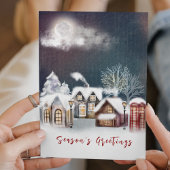 赤エレガントネイビーノルディックメリークリスマスビレッジ シーズンカード