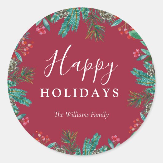 赤エレガントハッピーホリデイズリースファミリー名 ラウンドシール (正面)