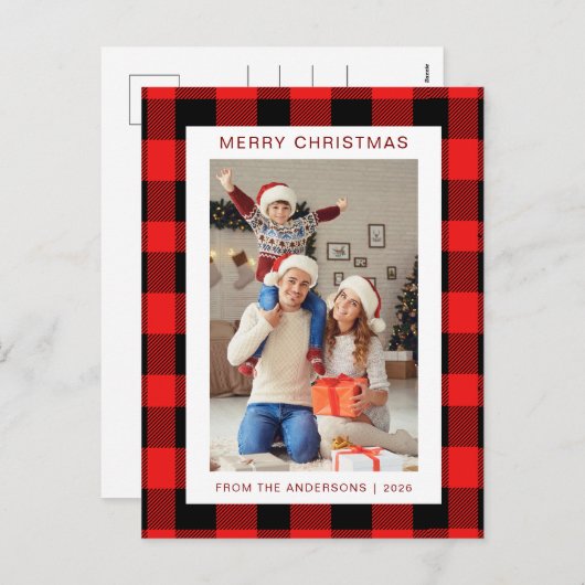 赤エレガントバッファロープレイドクリスマスファミリー1写真 シーズンポストカード (正面/裏面)