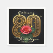 赤エレガントバラと金ゴールドフィリーグリー80誕生日 スタンダードカクテルナプキン (正面)