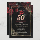 赤エレガントバラのフレームブラック50誕生日 招待状 (正面/裏面)