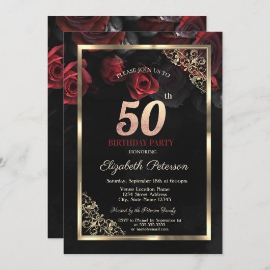 赤エレガントバラのフレームブラック50誕生日 招待状 (正面/裏面)