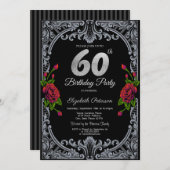 赤エレガントバラストライプズ60誕生日 招待状 (正面/裏面)