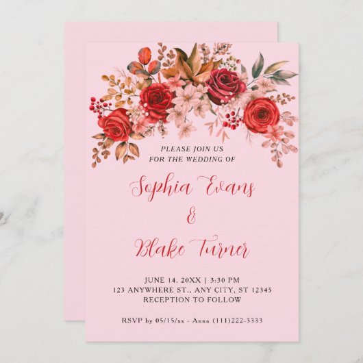 赤エレガントバラフローラソフトピンク結婚ズ 招待状 (正面/裏面)