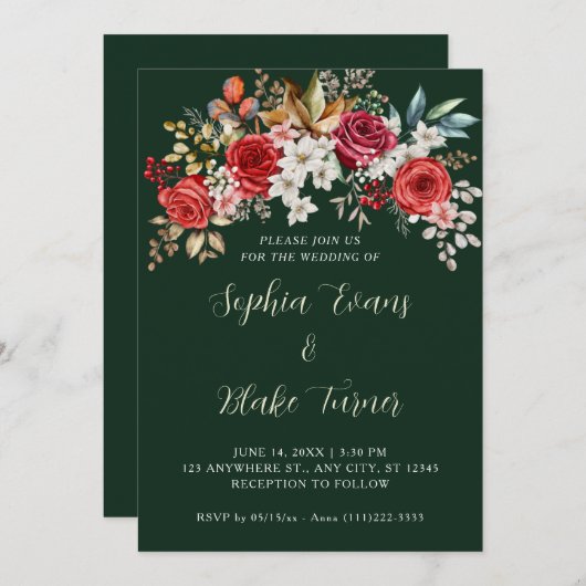 赤エレガントバラフローラダークグリーン結婚ズ 招待状 (正面/裏面)