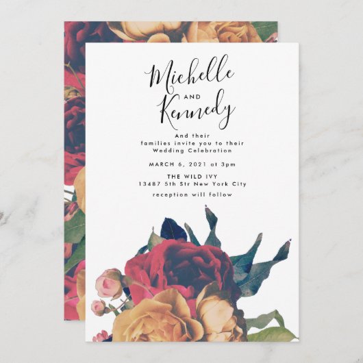 赤エレガントバラフローラ植物学ボホ結婚ズ 招待状 (正面/裏面)