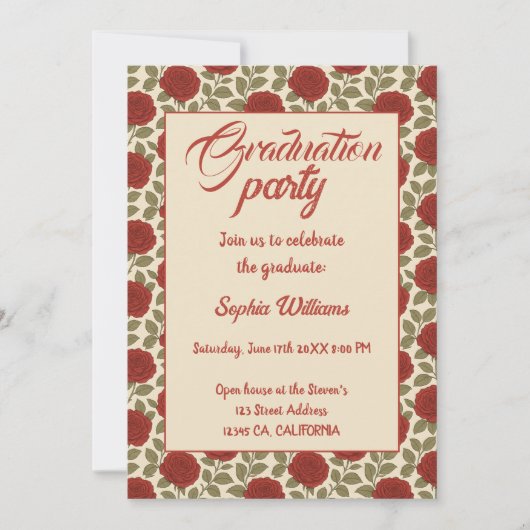 赤エレガントバラ卒業招待状と写真 招待状 (正面)