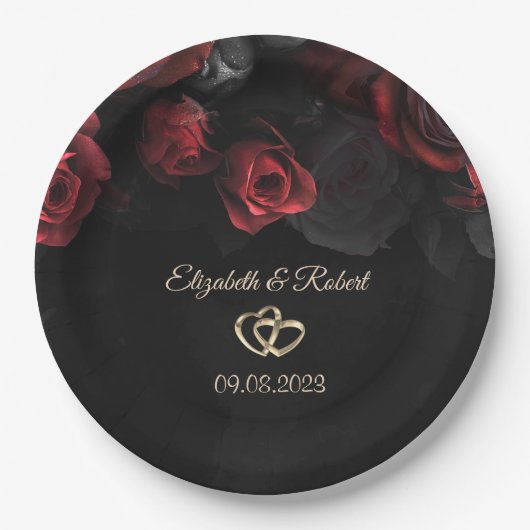 赤エレガントバラ結婚ズ ペーパープレート (正面)