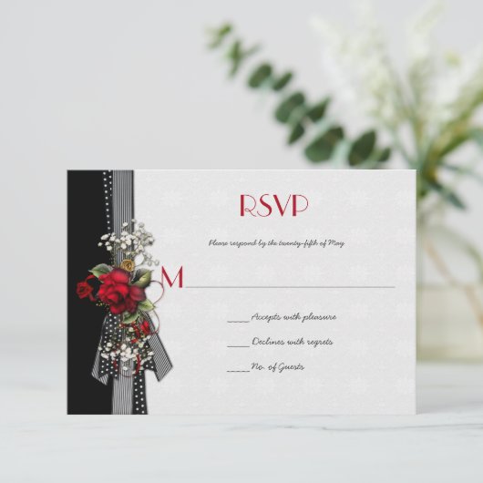 赤エレガントバラ赤ちゃんのブレスブラックリボンRSVP 出欠カード (スタンド正面)