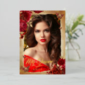 赤エレガントバラ金ゴールドフローラ写真キンセアニェラ 箔招待状 (立ち正面)