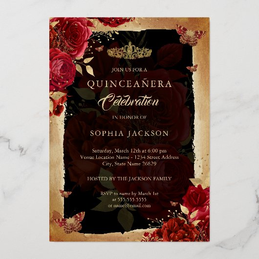 赤エレガントバラ金ゴールドフローラ写真キンセアニェラ 箔招待状 (裏面)