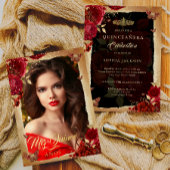 赤エレガントバラ金ゴールドフローラ写真キンセアニェラ 箔招待状