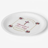 赤エレガントバラ金ゴールド十字聖餐式 ペーパープレート (アングル)