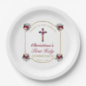 赤エレガントバラ金ゴールド十字聖餐式 ペーパープレート (正面)