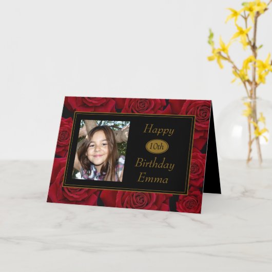 赤エレガントバラAny Ageフォト誕生日 カード (黄色い花)