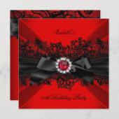 赤エレガントパールブラックレースボウバースデーパーティー 招待状 (正面/裏面)