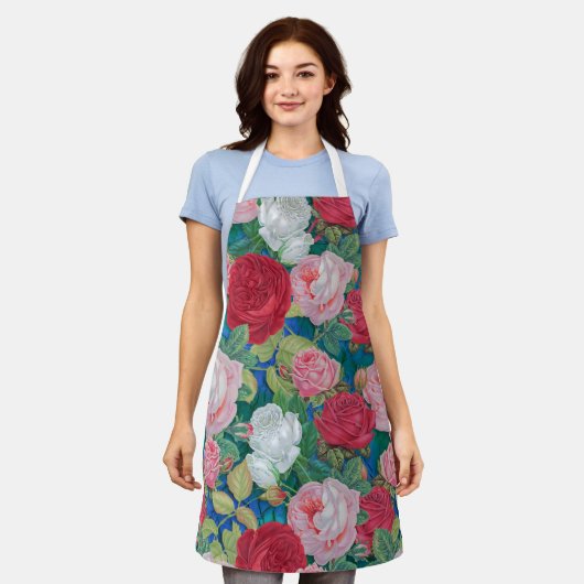 赤エレガントビクトリアンとピンクのバラ | エプロン (着用した状態)