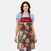 赤エレガントビクトリアンピンクのバラ エプロン (着用した状態)