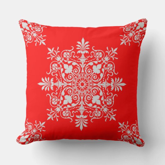 赤エレガントビクトリアン白フローラ旋回パターン クッション (正面)