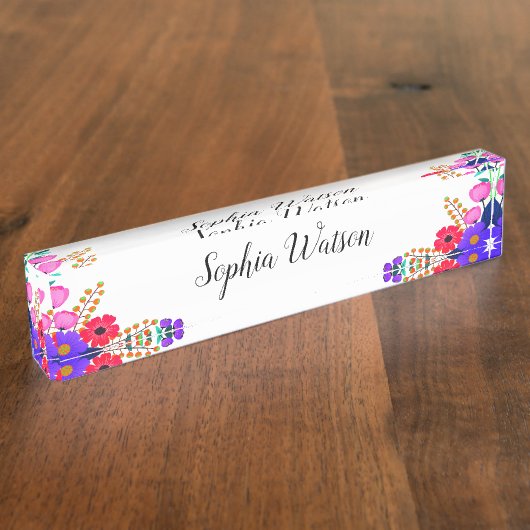 赤エレガントピンクと紫の花 デスクネームプレート (側面)