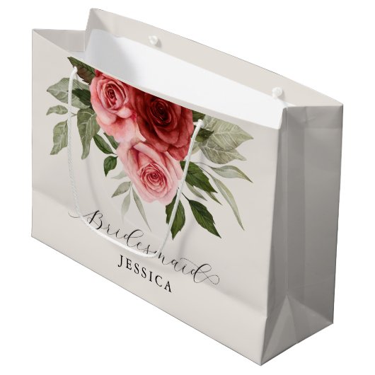 赤エレガントピンクの水彩フローラ花嫁 ラージペーパーバッグ (正面アングル)