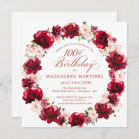 赤エレガントピンクフローラリース100誕生日 招待状 (正面/裏面)