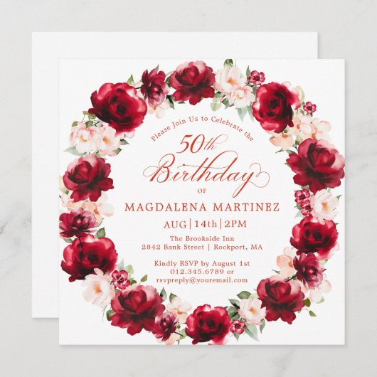 赤エレガントピンクフローラリース50誕生日 招待状 (正面/裏面)
