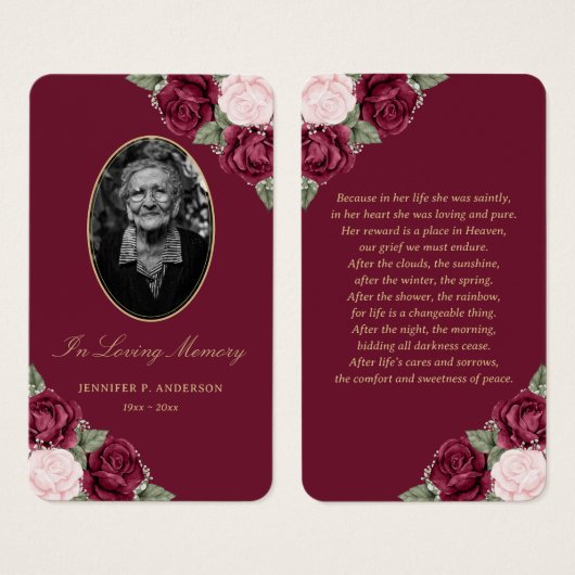 赤エレガントピンクフローラ葬式祈りの言葉カード (正面&裏面)