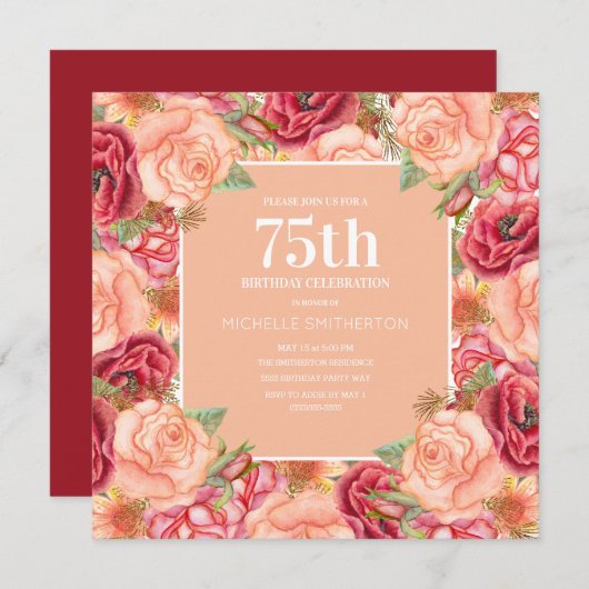 赤エレガントピンクフローラ75thバースデーパーティー女性 招待状 (正面/裏面)