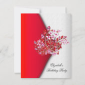 赤エレガントピンクホワイトジュエルバースデーパーティー 招待状 (正面)