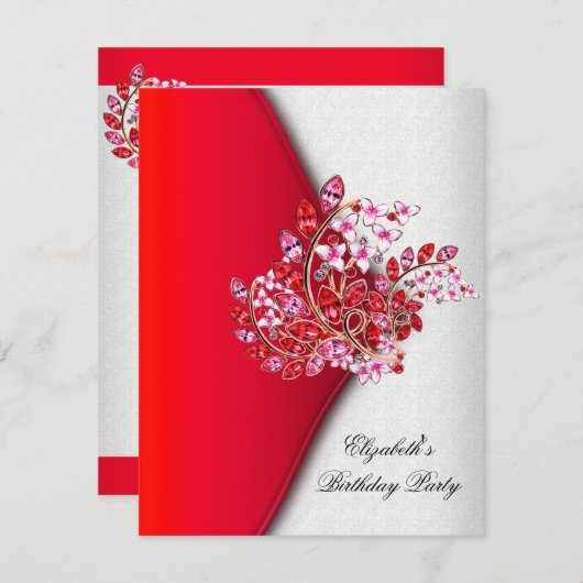 赤エレガントピンクホワイトジュエルバースデーパーティー 招待状 (正面/裏面)