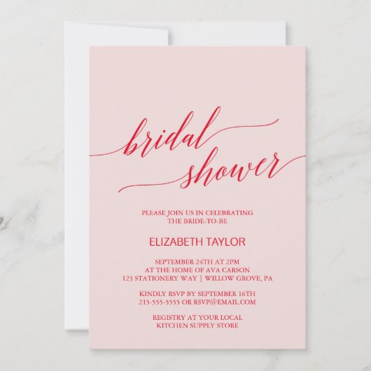 赤エレガントピンク書道ブライダルシャワーインビタット 招待状 (正面)