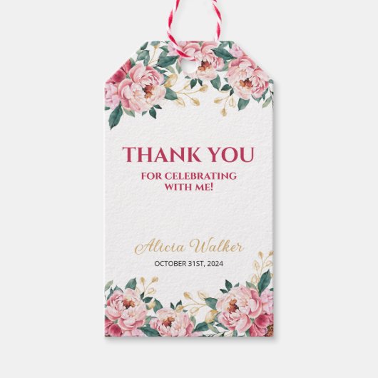 赤エレガントピンク牡丹の花金ゴールド葉誕生日 ギフトタグ (正面)