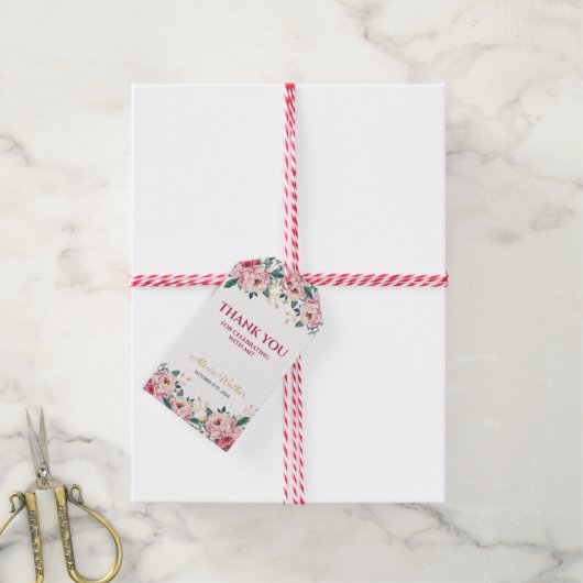 赤エレガントピンク牡丹の花金ゴールド葉誕生日 ギフトタグ (より糸付き)