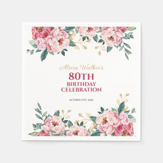 赤エレガントピンク牡丹の花金ゴールド葉誕生日 スタンダードカクテルナプキン (正面)