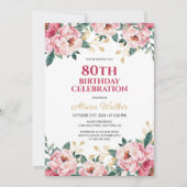 赤エレガントピンク牡丹の花金ゴールド葉誕生日 招待状 (正面)