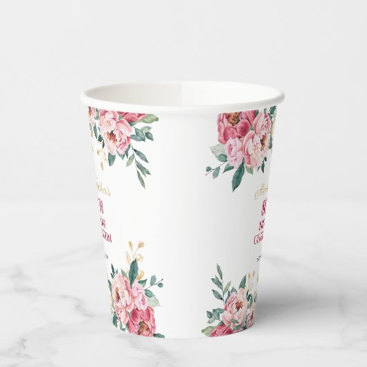 赤エレガントピンク牡丹の花金ゴールド葉誕生日 紙コップ (左)