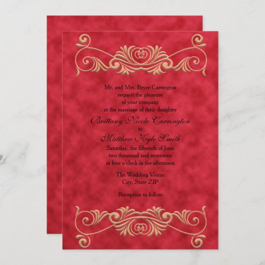 赤エレガントフォーマルと金ゴールド結婚の 招待状 (正面/裏面)