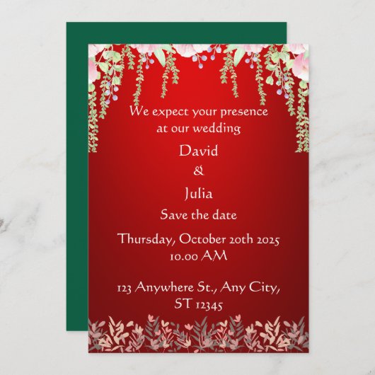 赤エレガントフローラアールデコ結婚デザイン 招待状 (正面/裏面)