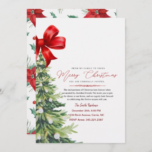 赤エレガントフローラウォーター色クリスマス招待状 招待状 (正面/裏面)
