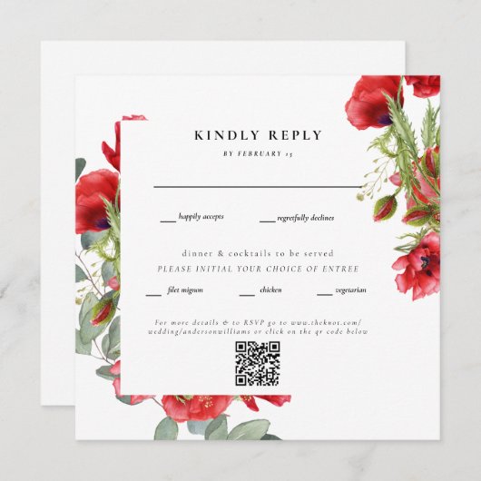 赤エレガントフローラス結婚クエアのQRコードRSVP (正面/裏面)