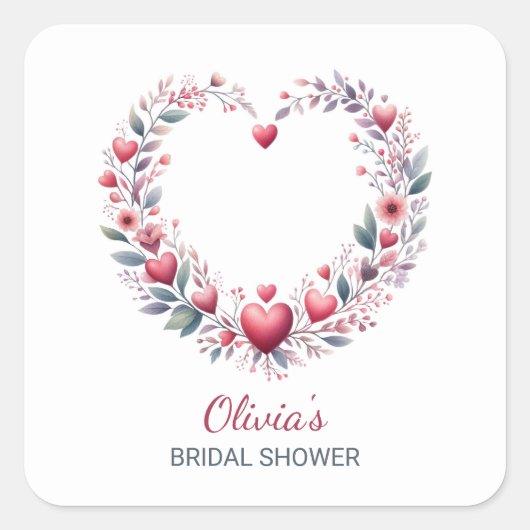 赤エレガントフローラハートブライダルシャワー封筒 スクエアシール (正面)