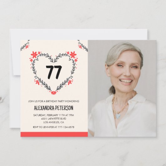 赤エレガントフローラハート77歳 招待状 (正面)