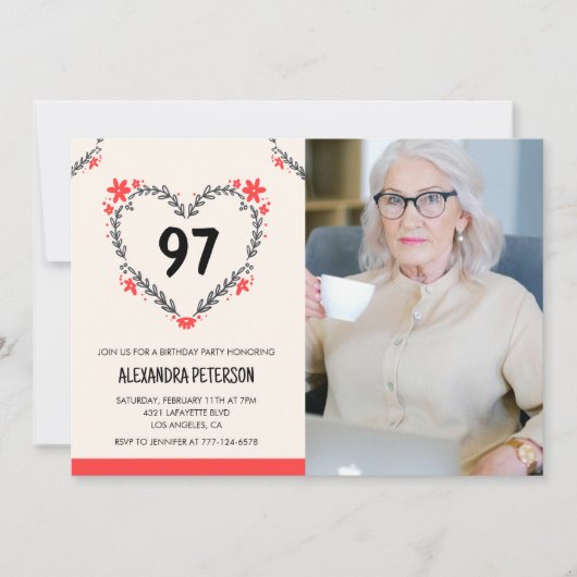 赤エレガントフローラハート97歳 招待状 (正面)