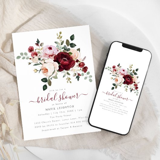 赤エレガントフローラブライダルシャワー 招待状