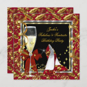 赤エレガントフローラブラック金ゴールド誕生日パーティー 招待状 (正面/裏面)