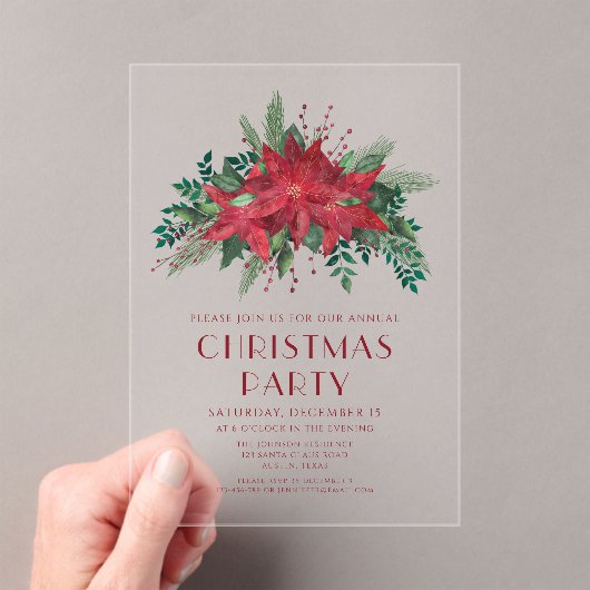 赤エレガントフローラポインセチアパーティー アクリル招待状 (インサイチュ (ポータブル))