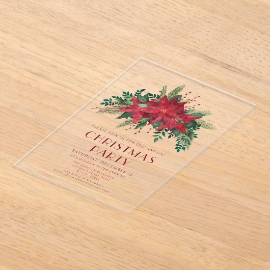 赤エレガントフローラポインセチアパーティー アクリル招待状 (レイダウン)